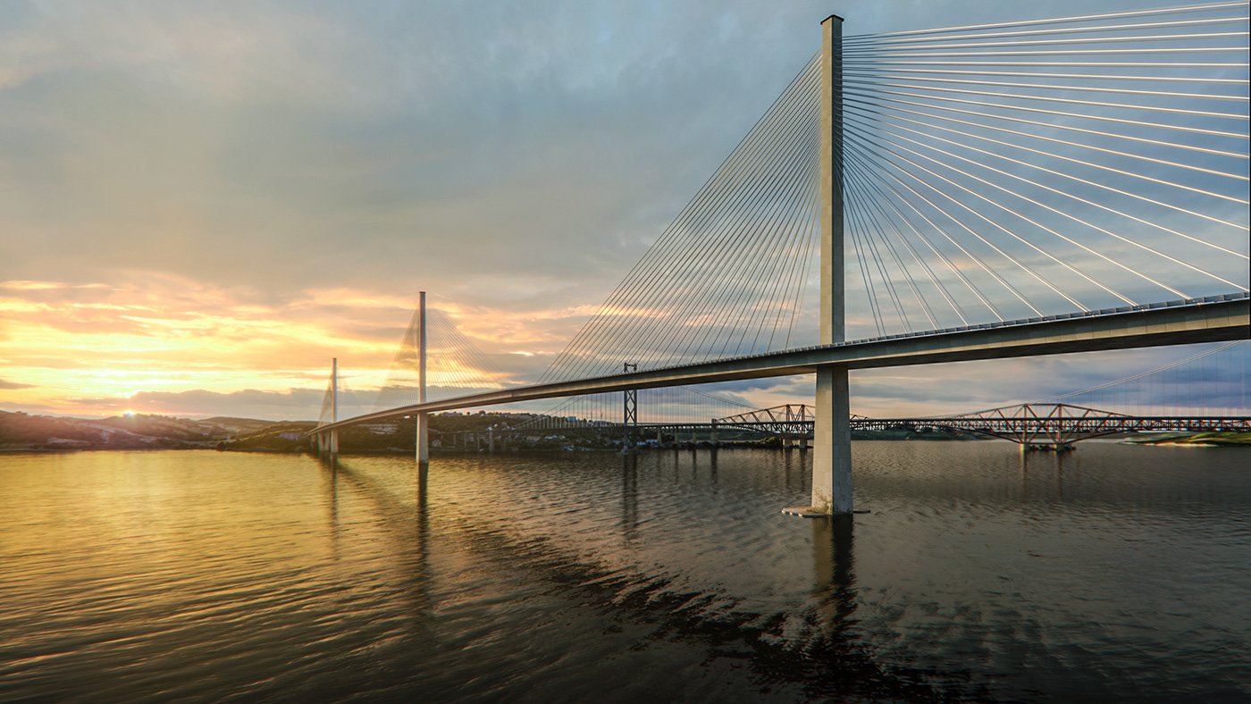 animation  rendering visualisation 3d mopdelling bridge Aerial Queensferry Crossing arhi architecture