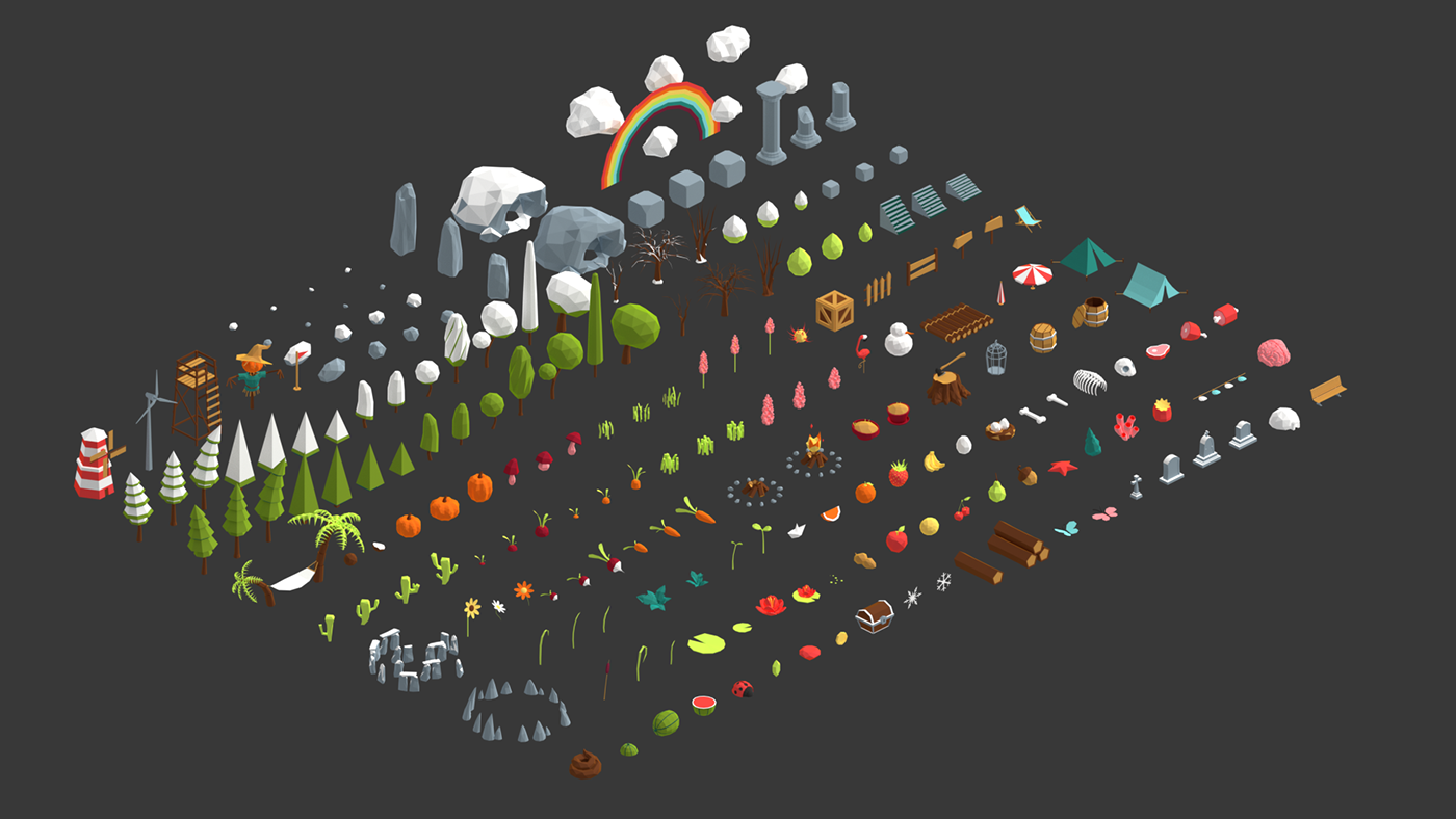 Low Poly assets Pack minimal minimalistic Render trees rocks palette Collection