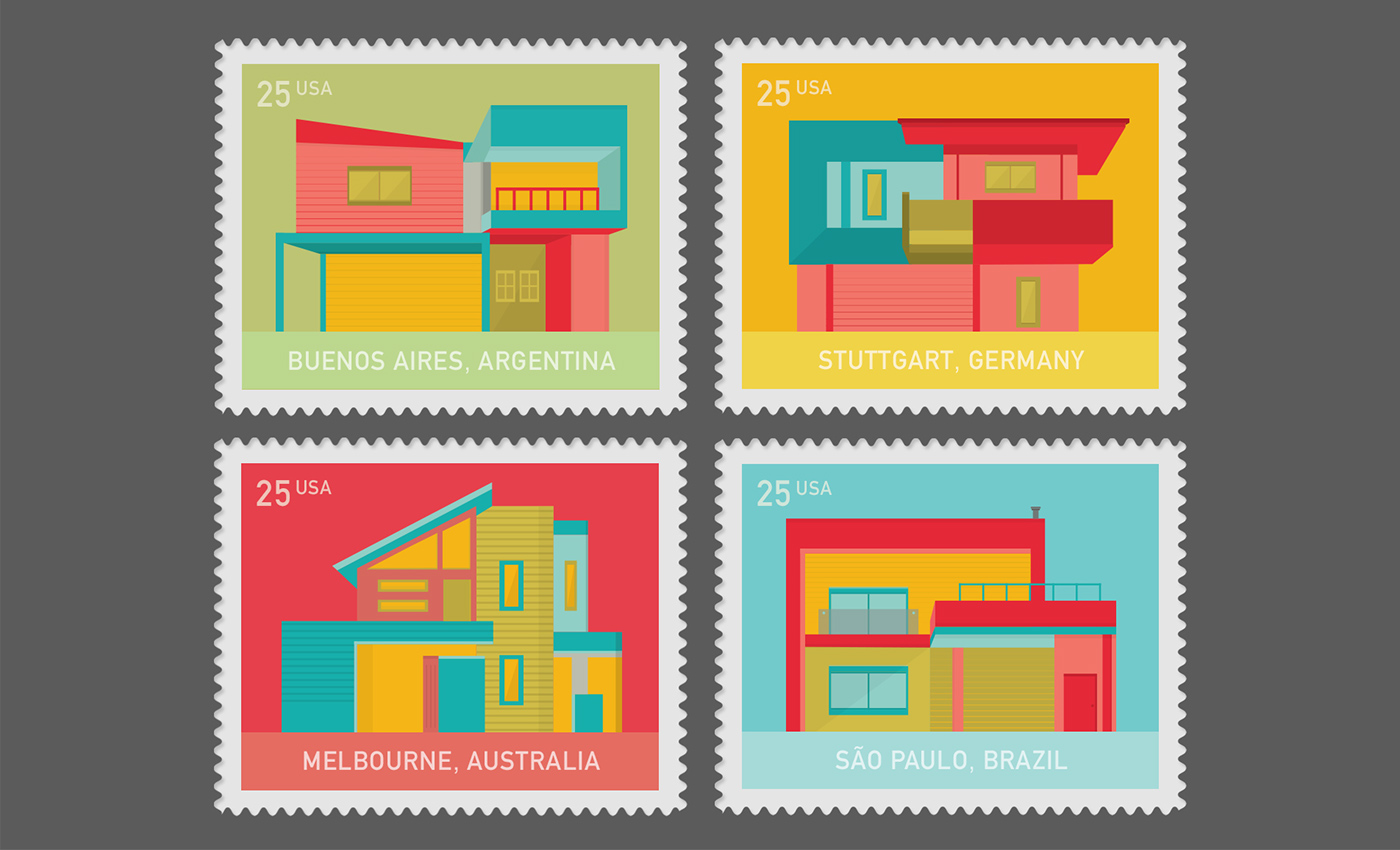 stamps modern architecture modern colorful Postage ILLUSTRATION  Stamp Design