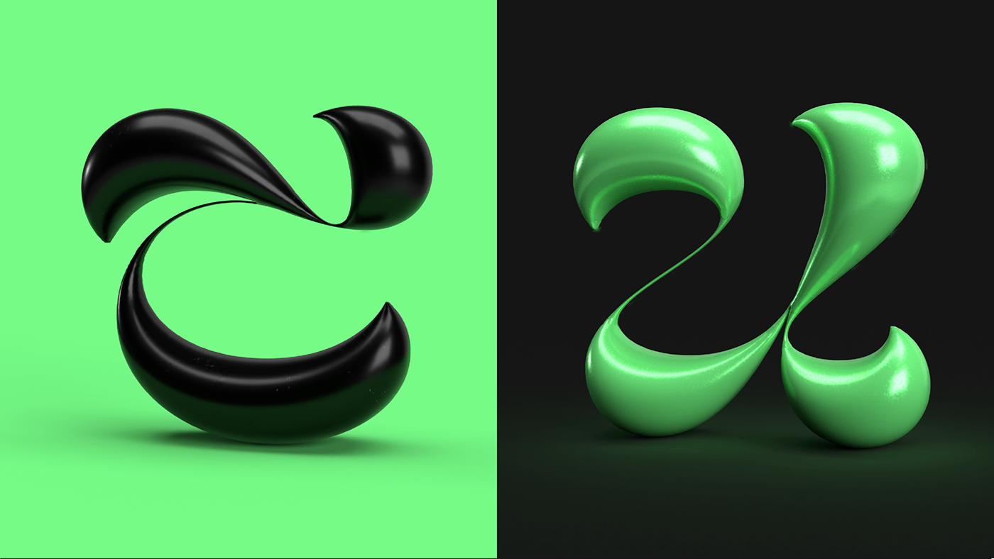 blob type contrast font modern weird green black chrome 3D