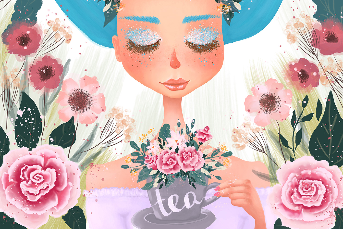 girl Flowers tea cup Character design woman floral Digital Art  blue hair