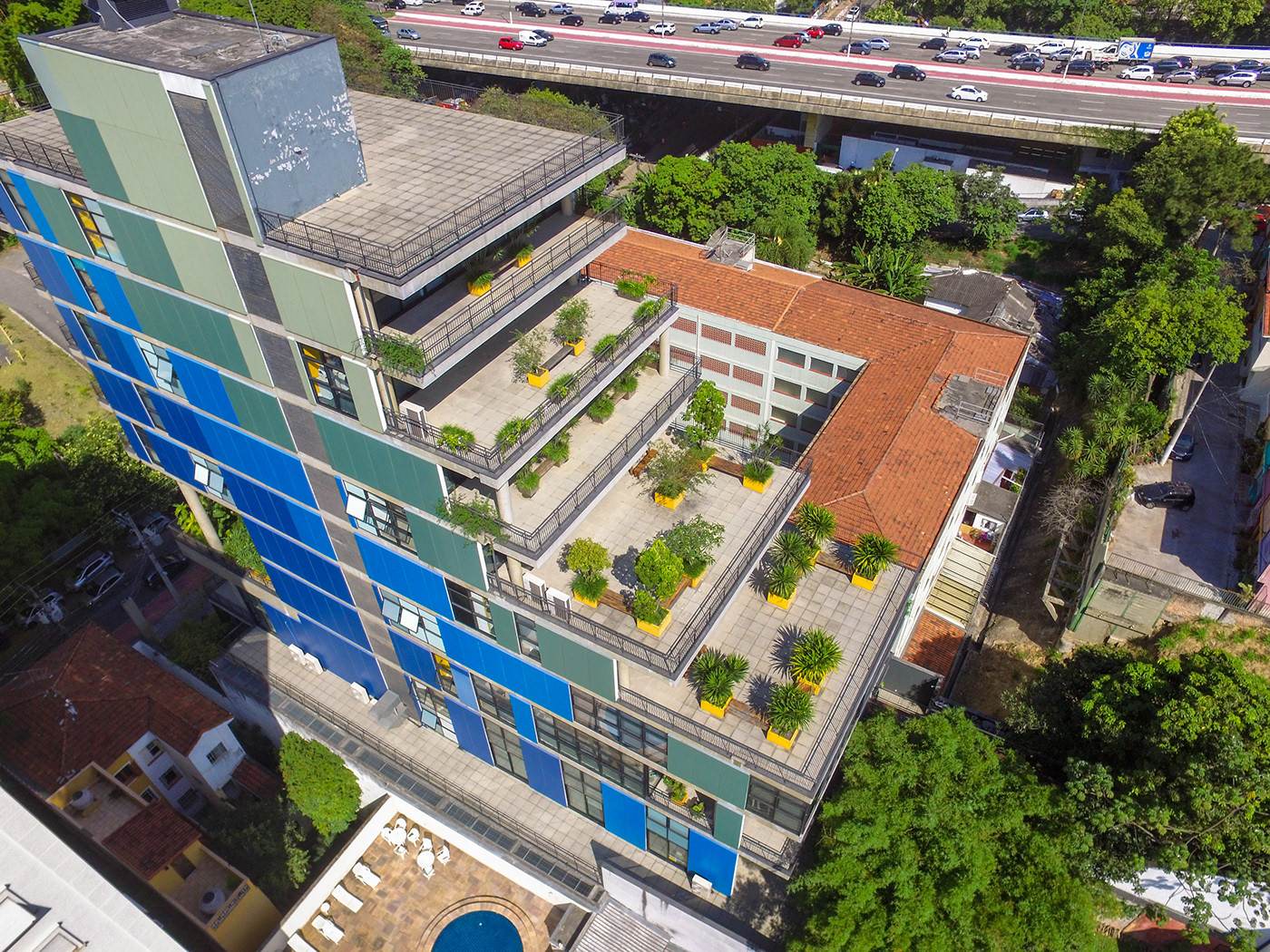 architecture aerial view drone building color blue green Office Brazil são paulo