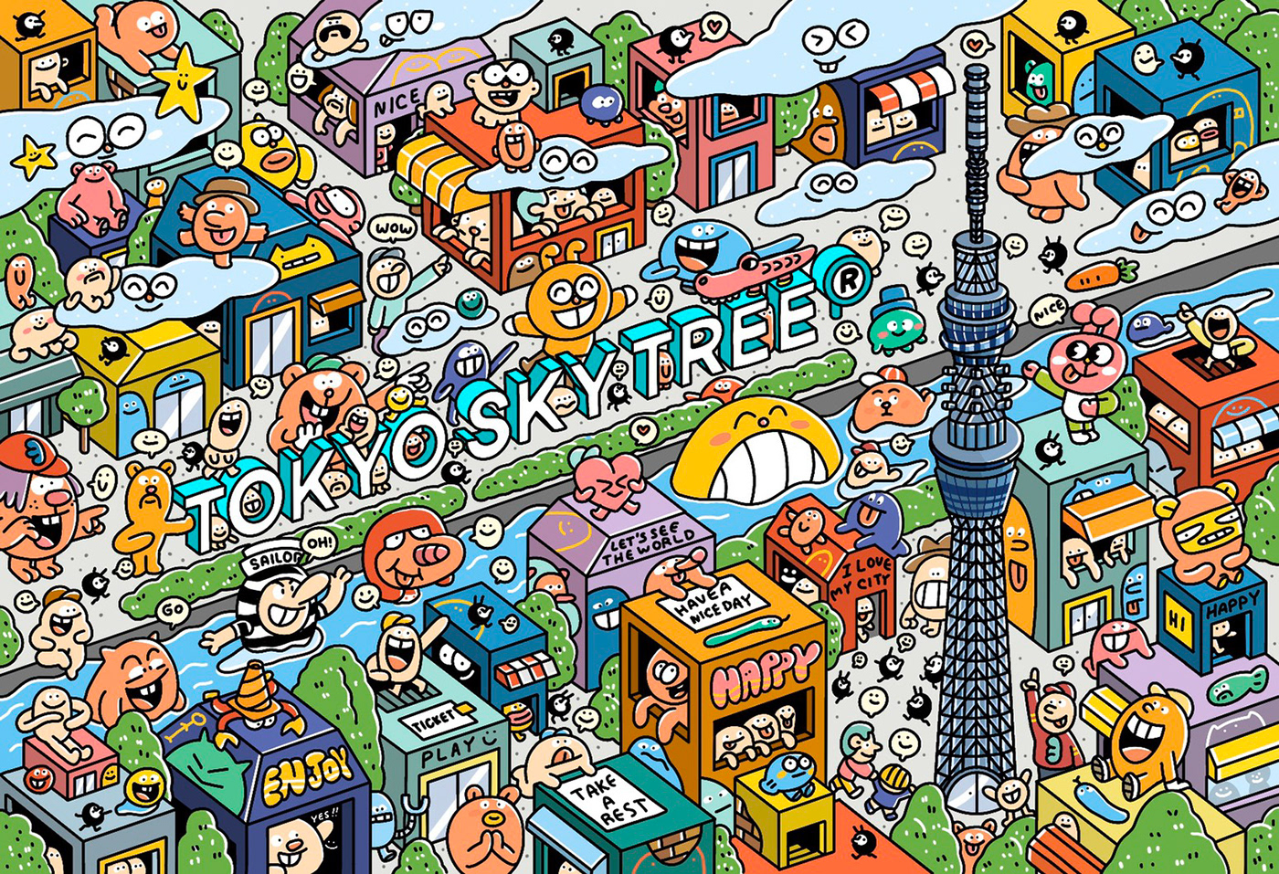 Skytree tokyo art 3Land Fun characters map town ILLUSTRATION  city