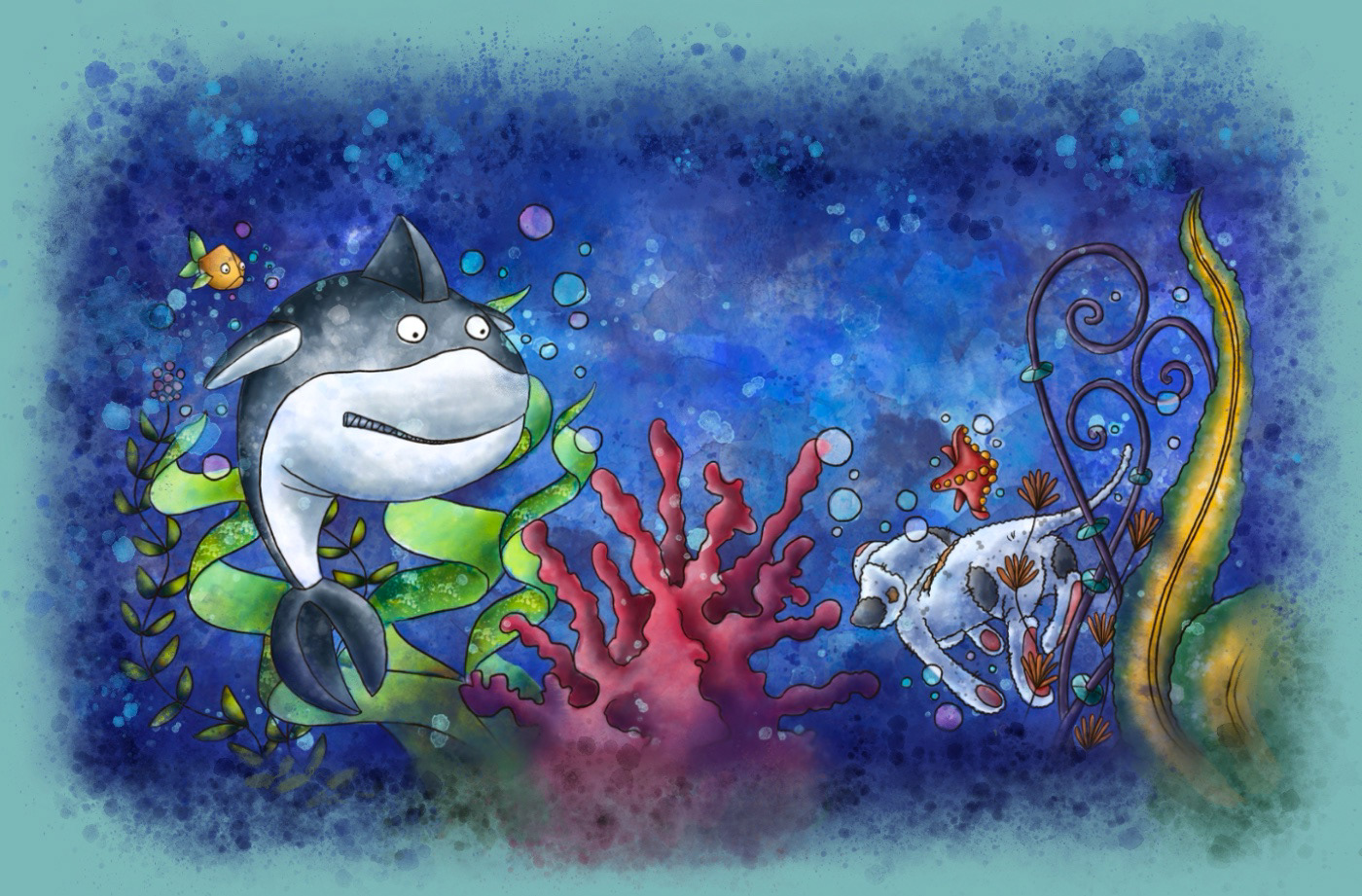 book illustration children illustration digital watercolor dog fishes kids illustration puppy sea under water watercolor