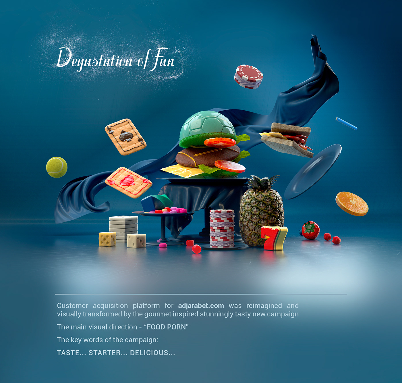 ArtDirection Campaign Design casino composition dégustation food design gambling motion graphics  Poker Slots
