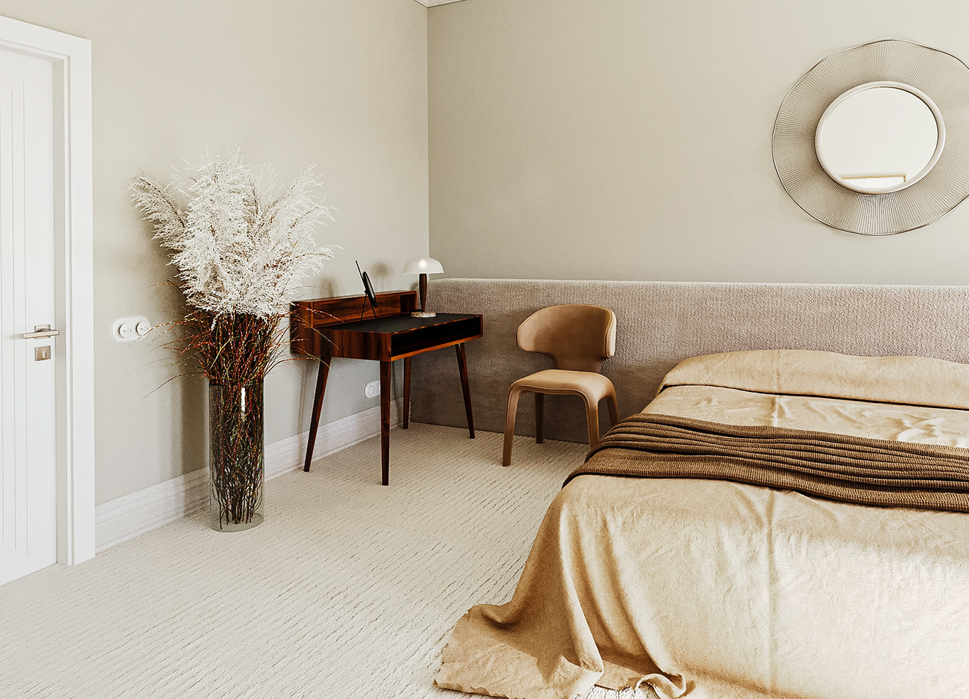 bed bedroom beige modern interior design  visualization White cozy mpderm minimalistic