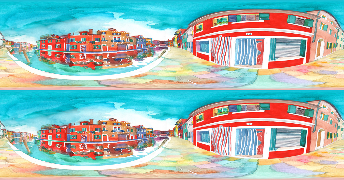 Burano Venice watercolor 360animation vr Virtual reality city vision idea