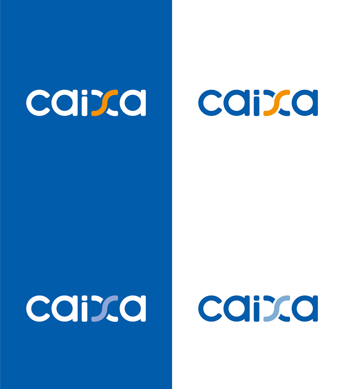 Caixa's logo variation in colors and backgrounds, including monochromatic versions of it