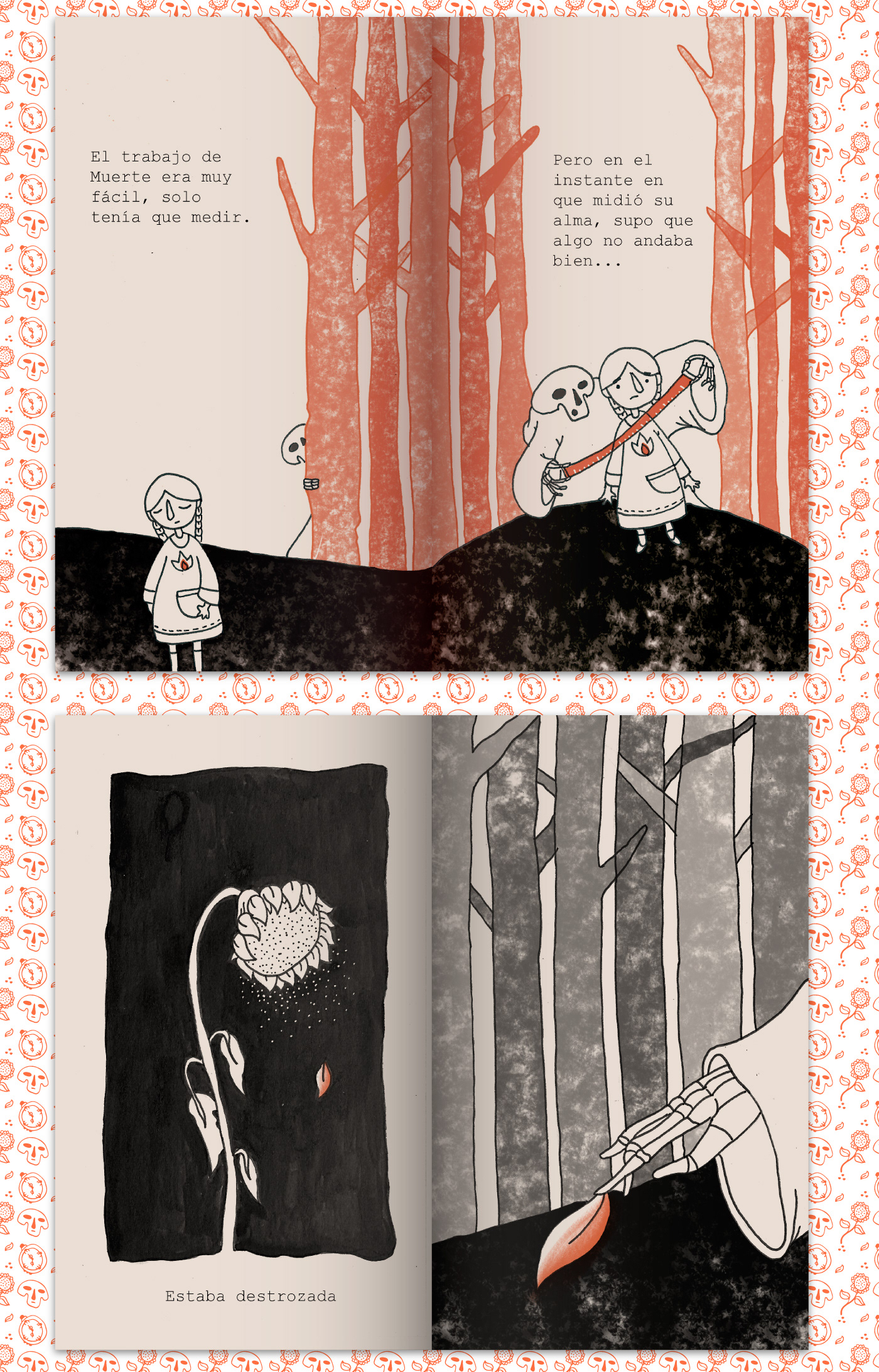 Riso death fanzine short story children illustration sunflower pattern Muerte cuento duo tone