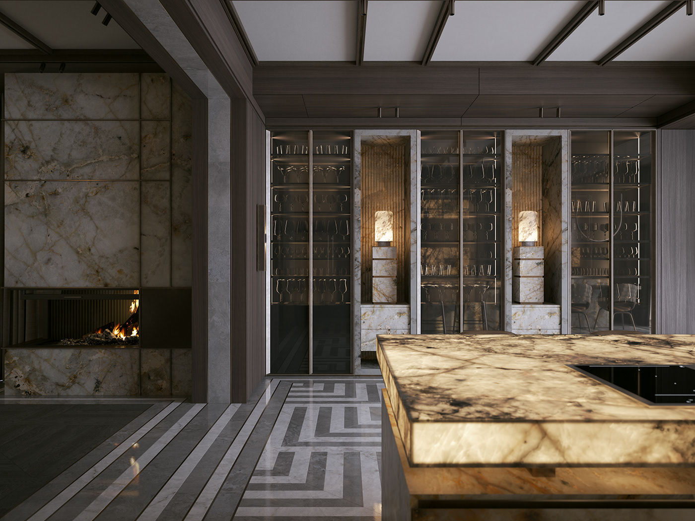 Marble wood stone Minimalism modern kitchen living room light kitchen design living room design