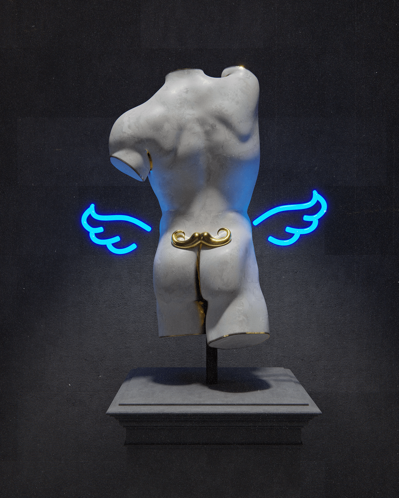 Golden Moustache in a Butt with Neon Wings