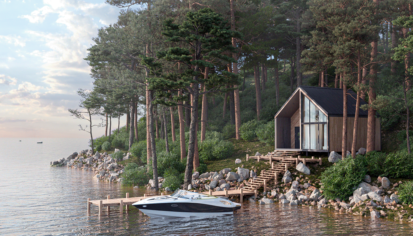 architecture archviz CGI exterior forest house lake Landscape Nature visualization
