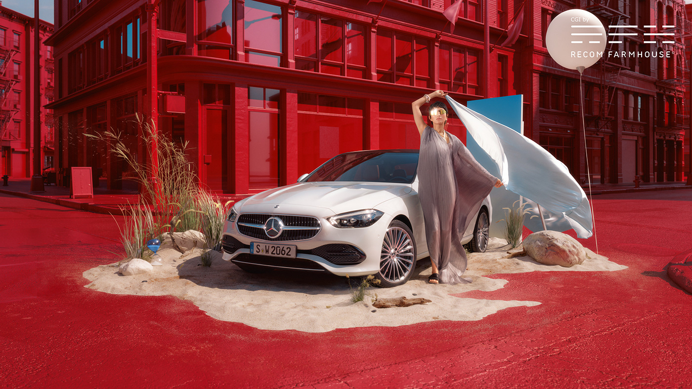 automotive   campaign car CGI city red set design  staged surreal White