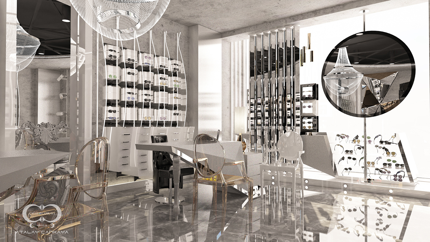 optic store glasses Style trendy design Space design Dolce & Gabbana rayban minimal Render 3D 3d max vray CGI