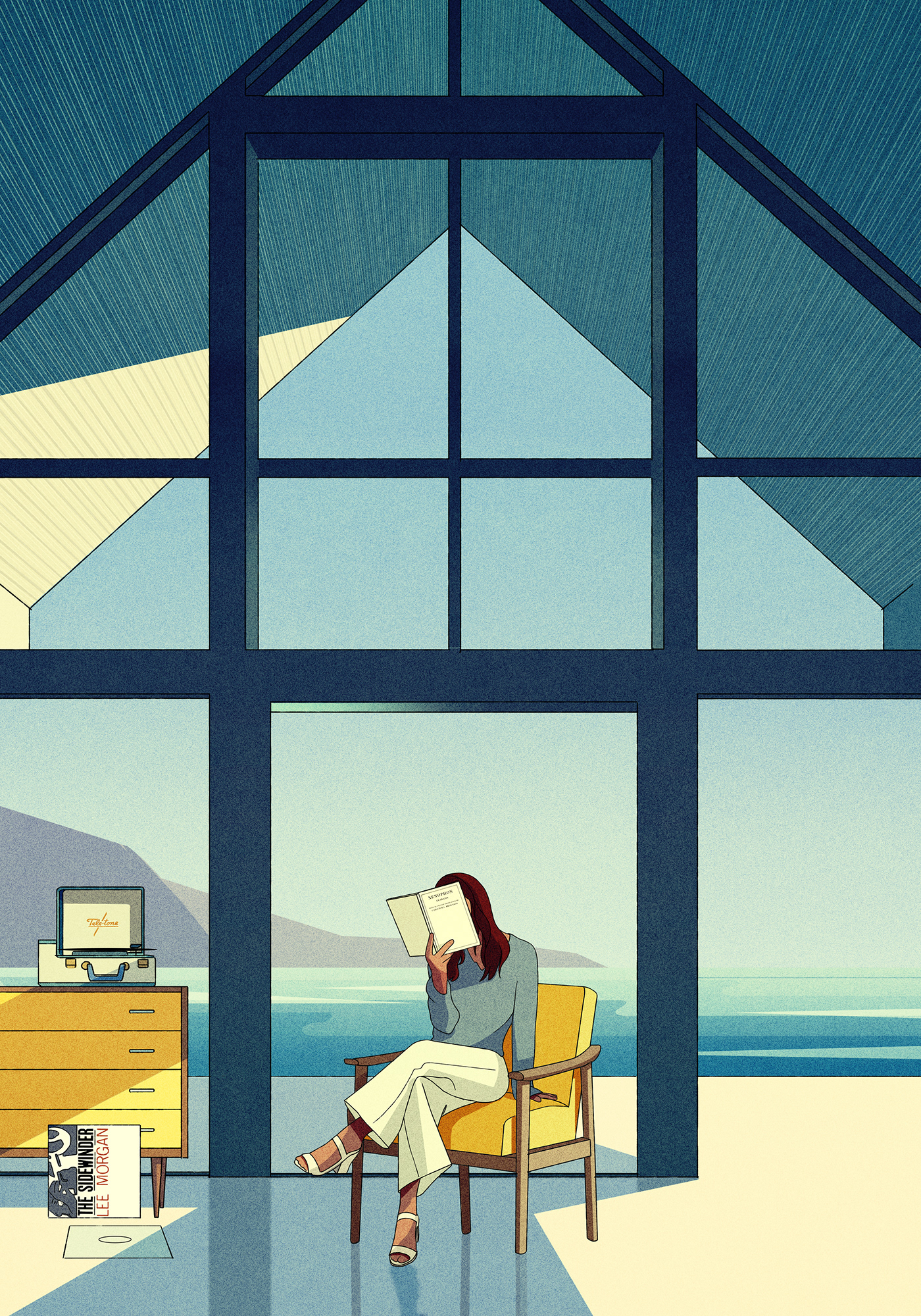 ILLUSTRATION  sea cabin Landscape jazz Reading woman aframe