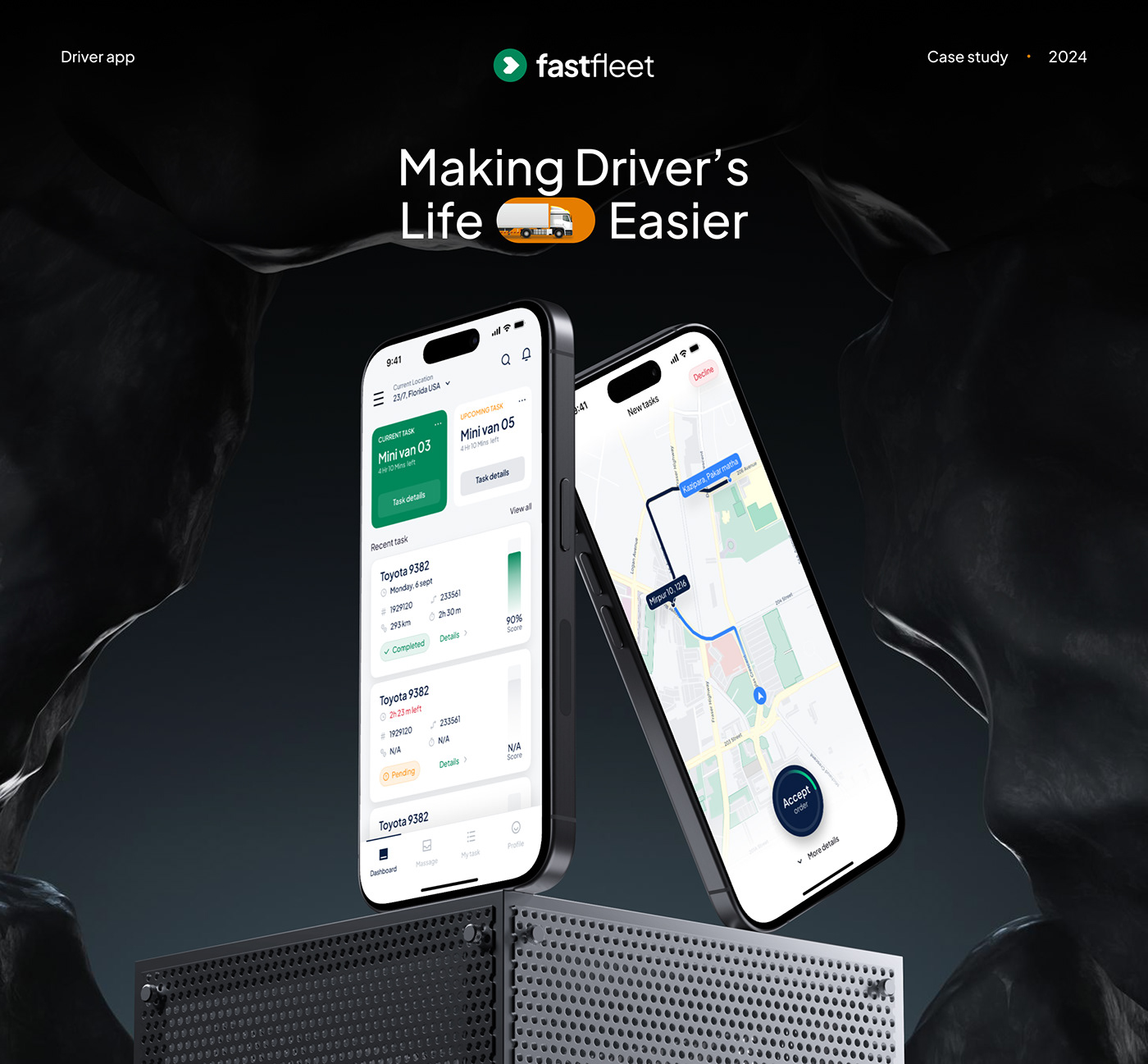 Thumbnail of fleet management driver app with iPhone mockup on steel box and black background 