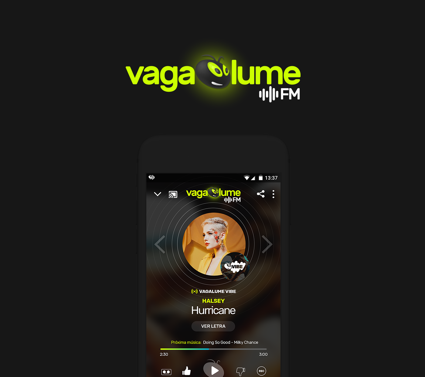 vagalume.fm vagalume Interface do usuário identidade visual aplicativo app musica Streaming UI/UX Radio