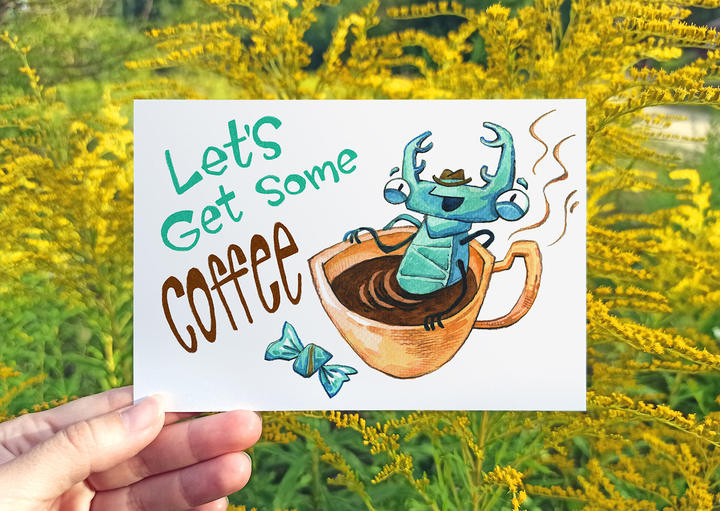 aquarelle bug funny happy postcard watercolor card Character lettering licensing