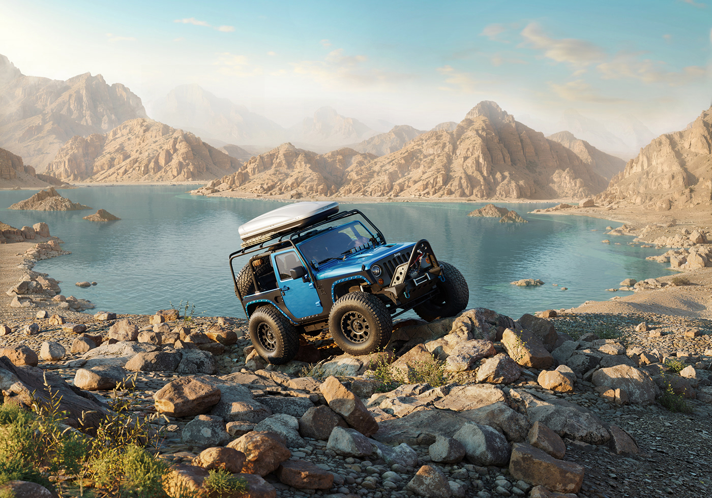 jeep car automotive   adventure Outdoor Nature 3D photoshop Advertising  Digital Art 