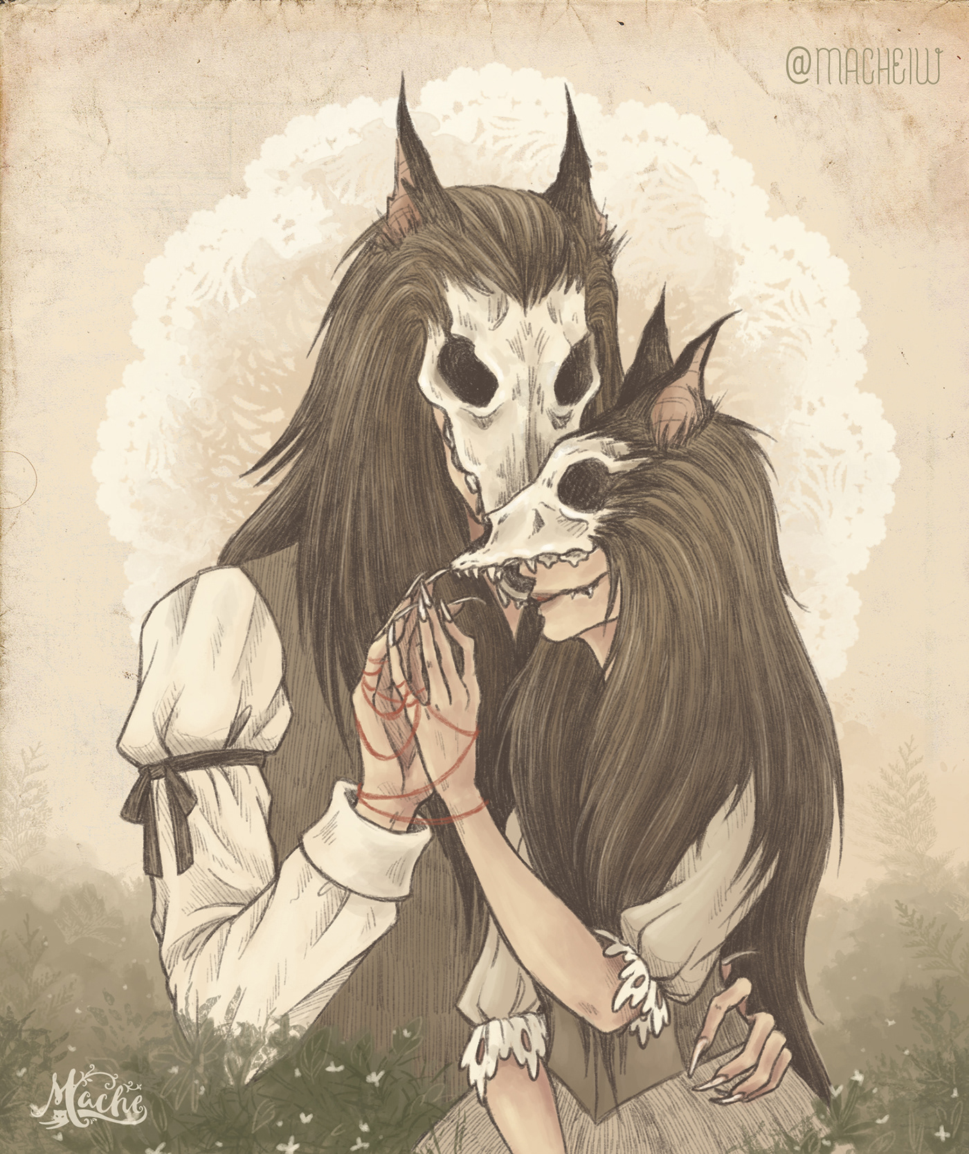 monster monster girl couple Valentine's Day beast fairly tale Digital Art  digital illustration wolf skull skull