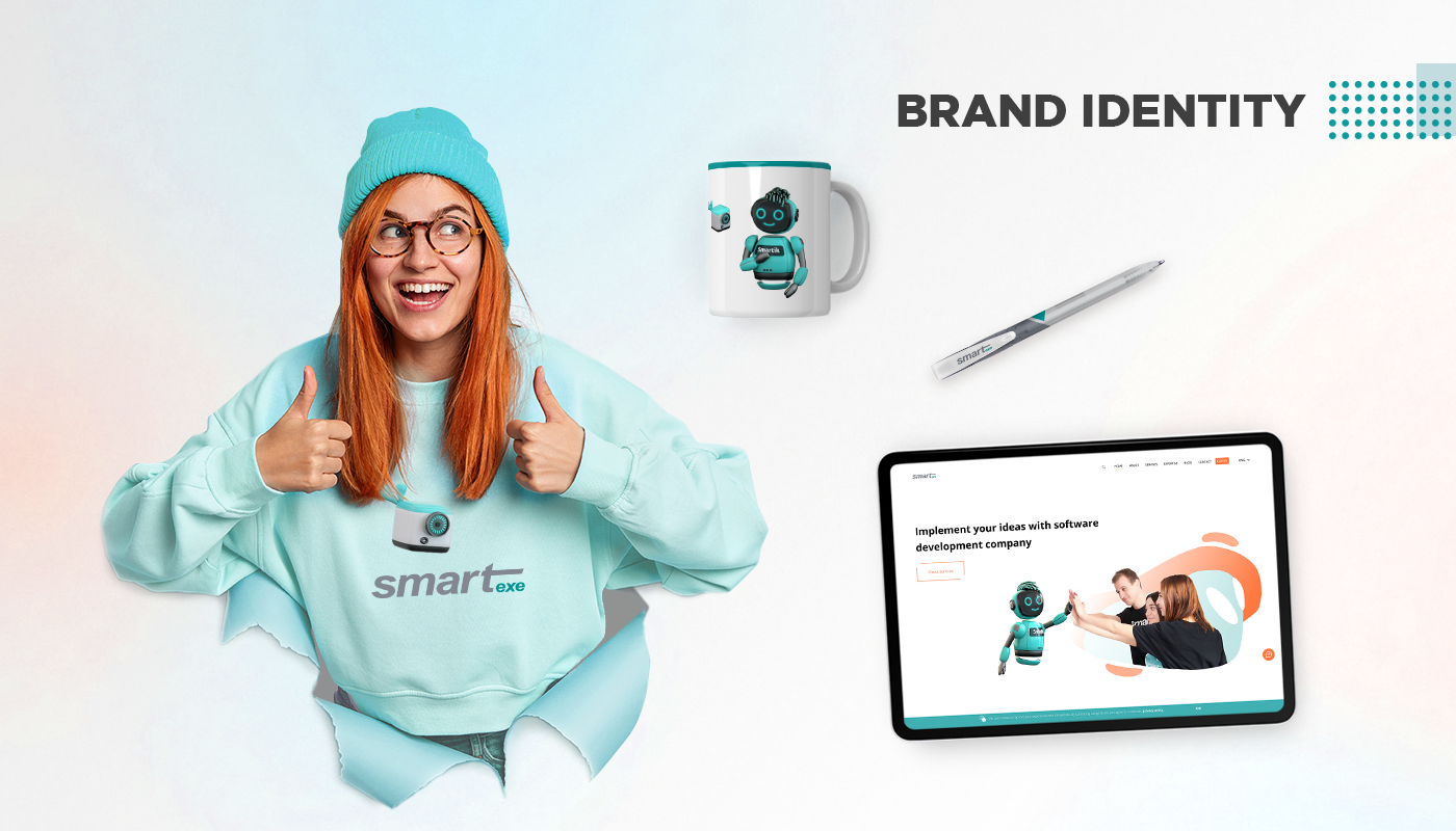 promo products , cup, pen, sweatshirt with company robot