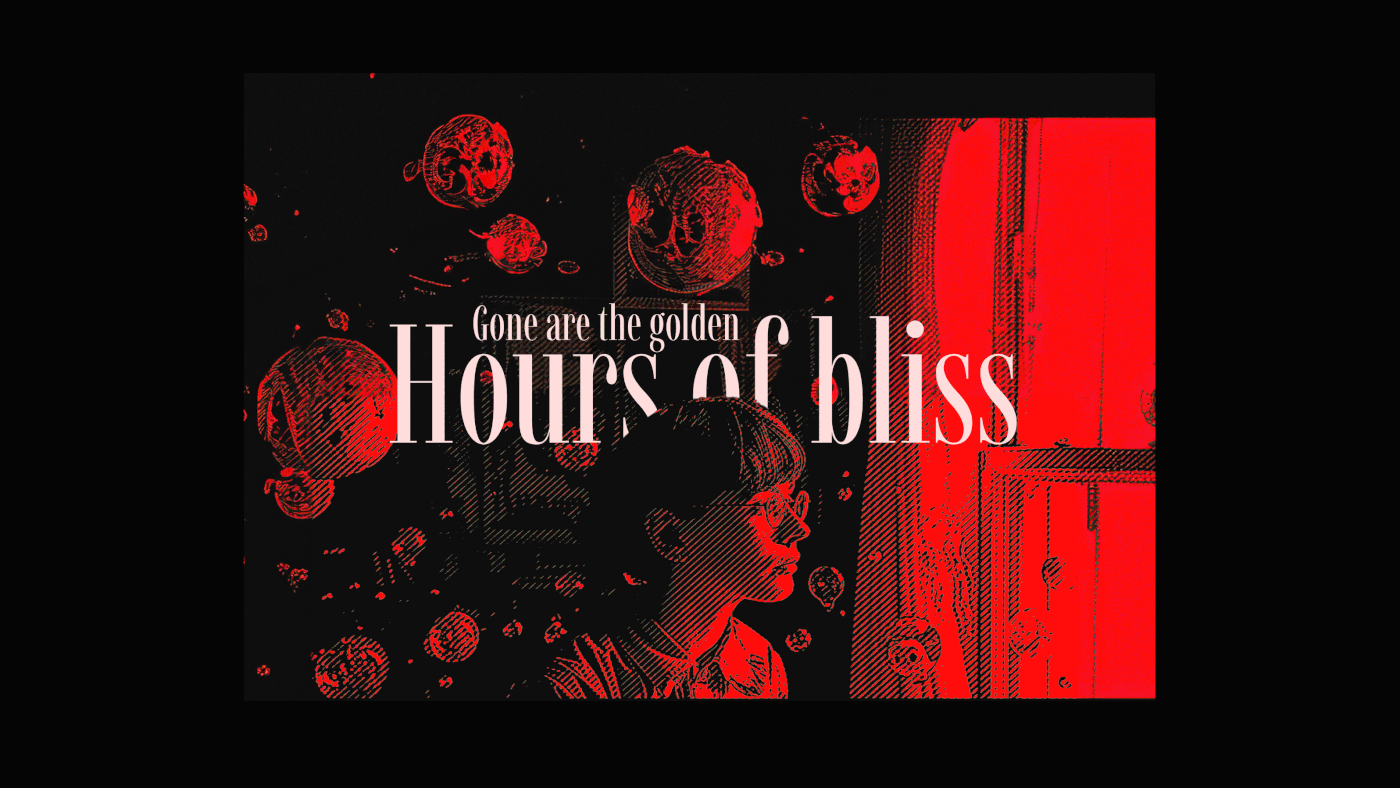 gif of side profile of a person against cosmic orbs, with text "Gone are the golden hours of bliss".
