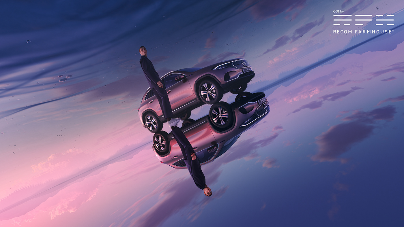 Advertising  automotive   campaign car CGI mirror pink purple sunset water