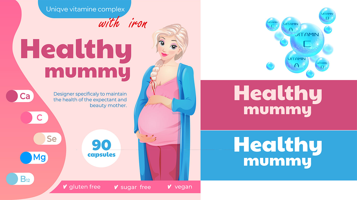 visual identity adobe illustrator vector vitamins and minerals packaging design branding  pregnancy Health blue and pink girly