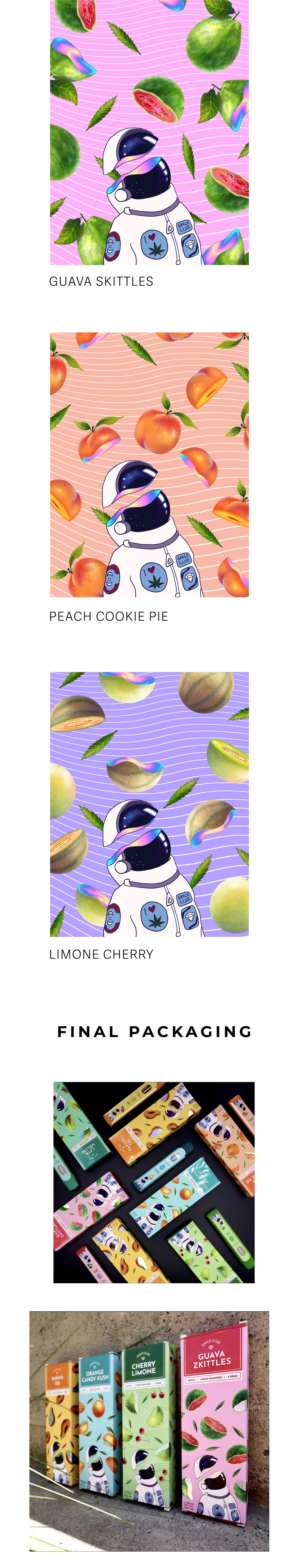 #hologram astronaut cannabis Digital Art  Fruit ILLUSTRATION  package design  Packaging Vape vaporwave