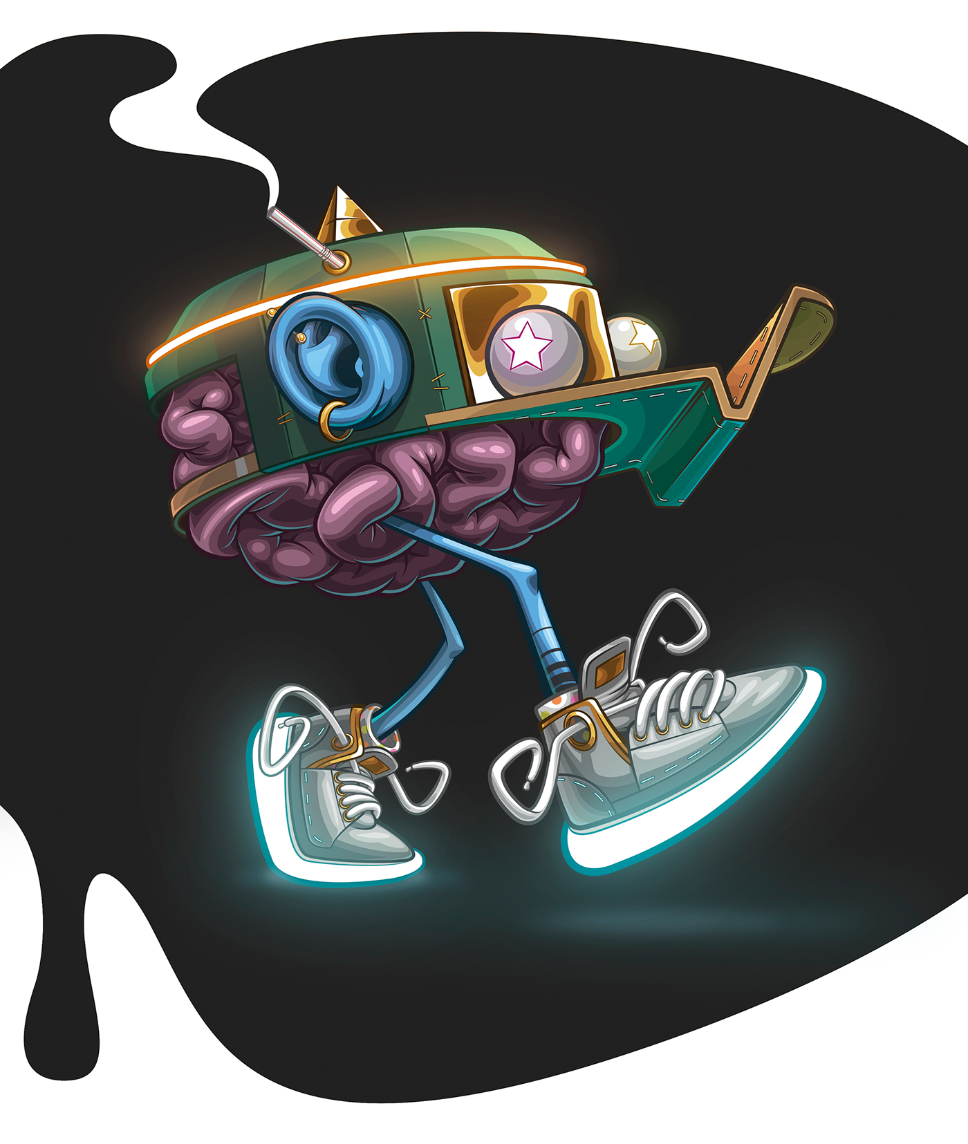 Character ILLUSTRATION  vector Illustrator brain glow neon sticker ArtemCowy sneaker