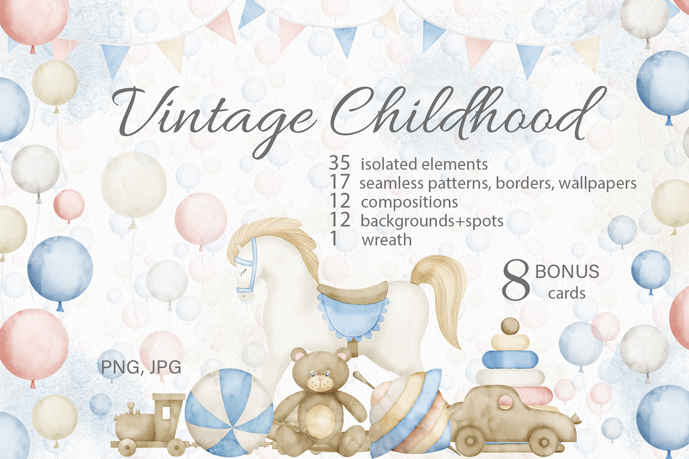 Baby Toys watercolor clipart set. Hand drawn retro vintage bundle for boy or girl
