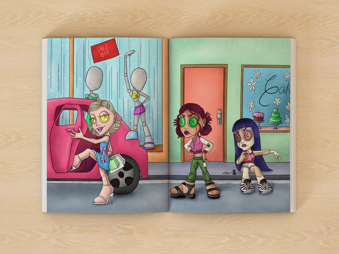kidlit childrens book children illustration doll ragdoll preppy girly girls Shopping pink car