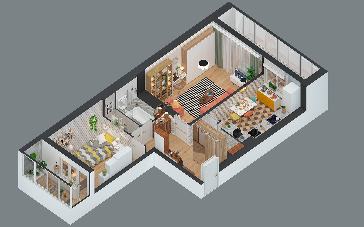 Isometric CGI Interior flat apartment Drawing  interior design  3D vray