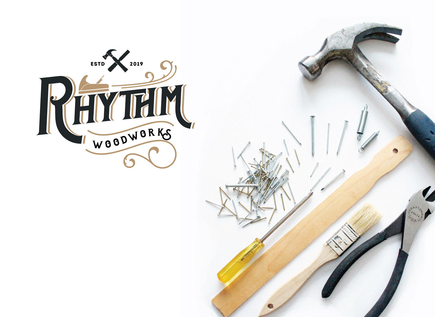 branding  chisel hammer hand crafted logo vintage wood