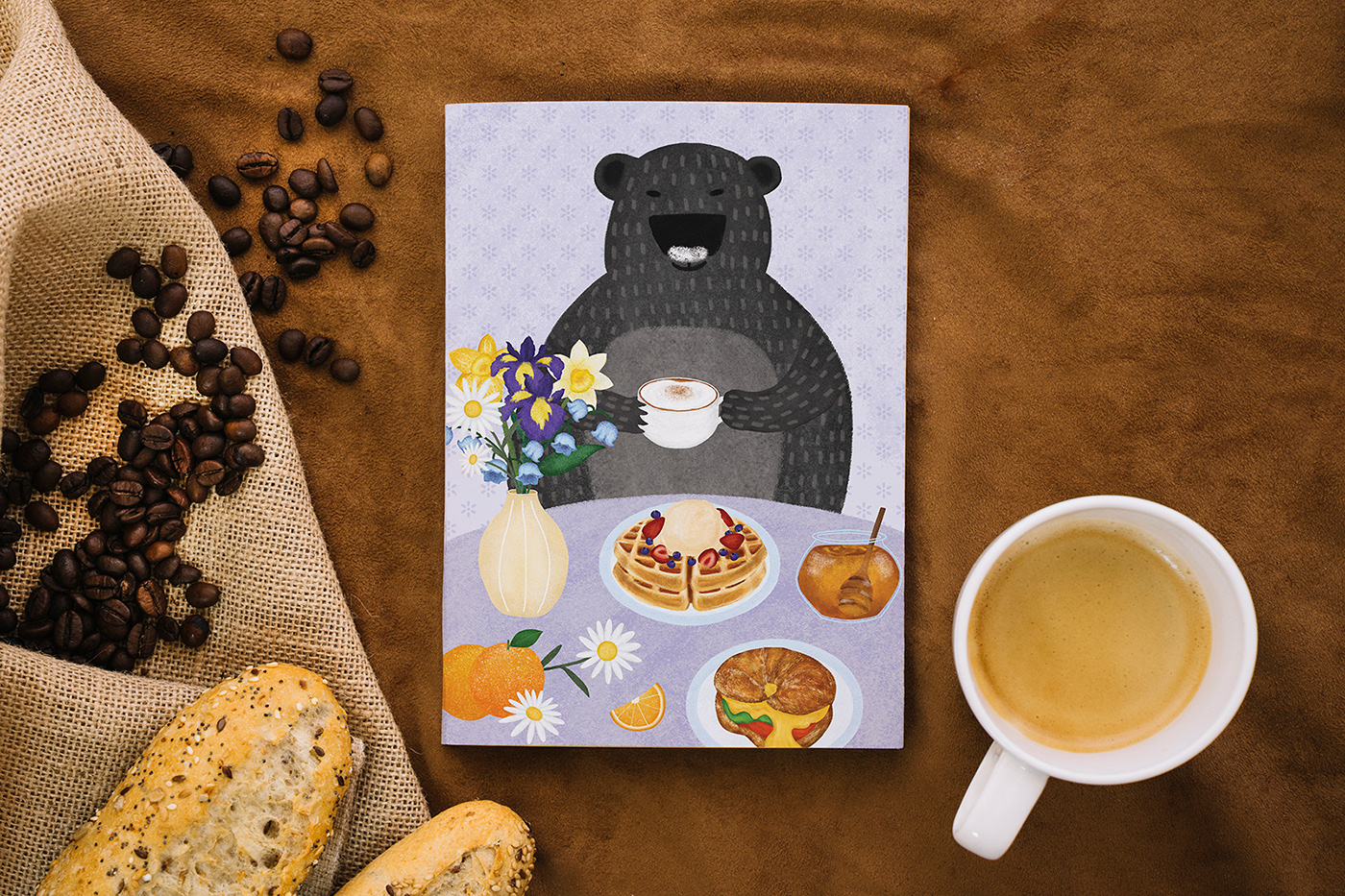 foodillustrator cuteillustration bear waffle Coffee cappuccino animalillustration floralillustration foodillustration homecafe