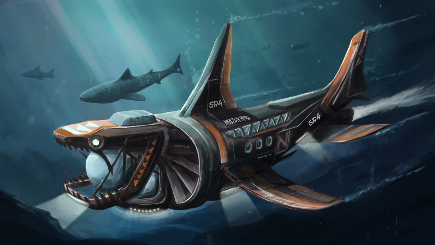 submarine shark concept machine underwater sea ship sci-fi fish