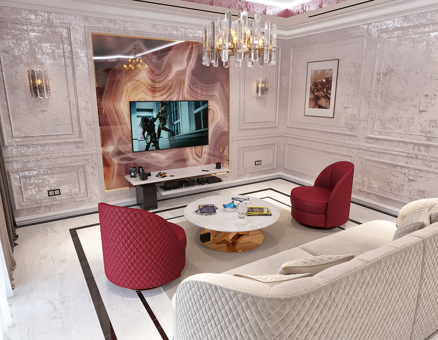 balance comfort design furniture Interior living room luxury neoclassic red White
