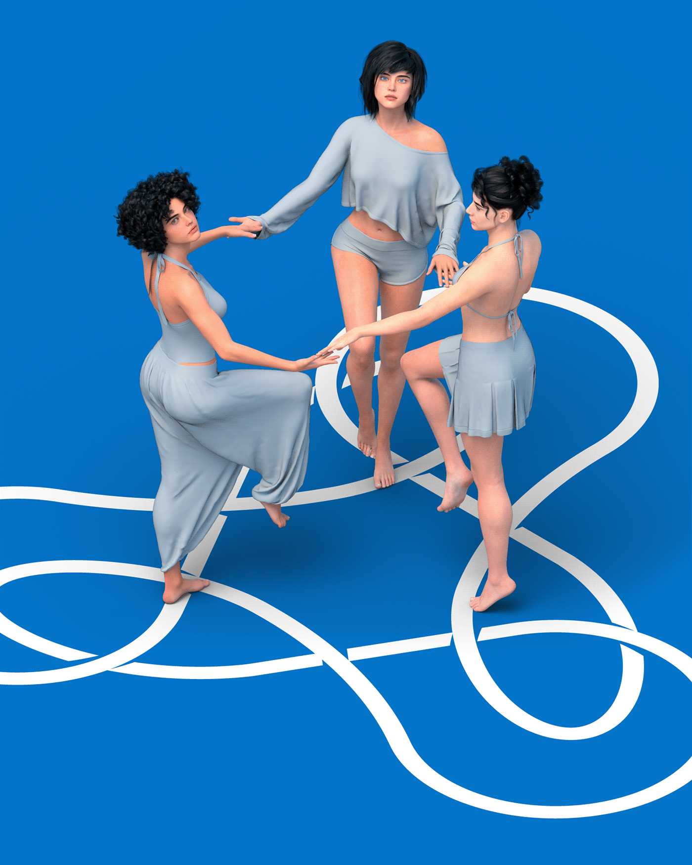 Three models dancing on a floor that features the dynamic aspect of the "Interlinked" logo.