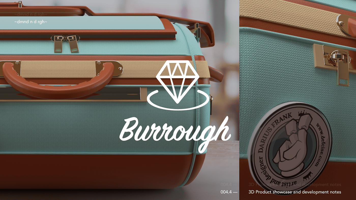 A logo sits atop a stitched image of a 3d designer bag concept. The Burrough bag, by Darius Frank