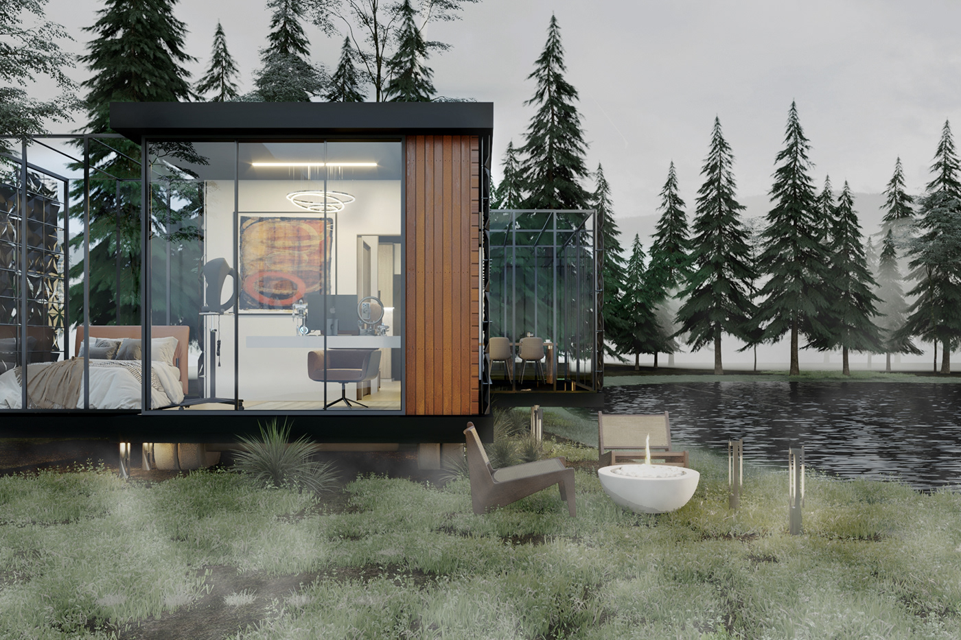 3ds max corona render  design Dynamic foresthouse lakehouse Smallhouse tiny house