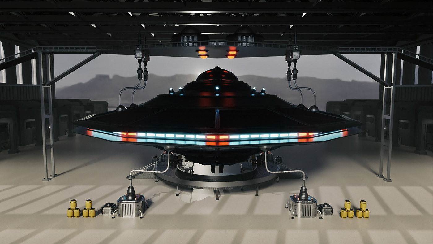 Area 51 UFO parked in hangar profile view 4