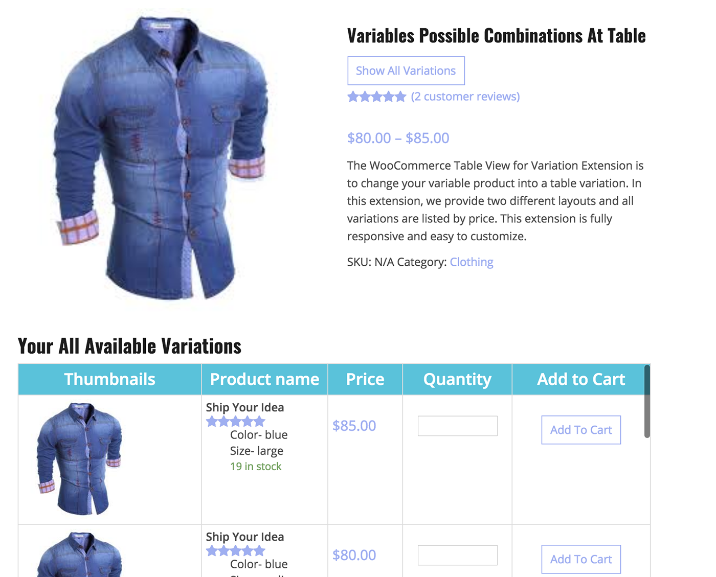 wordpress Ecommerce Product Table Variations