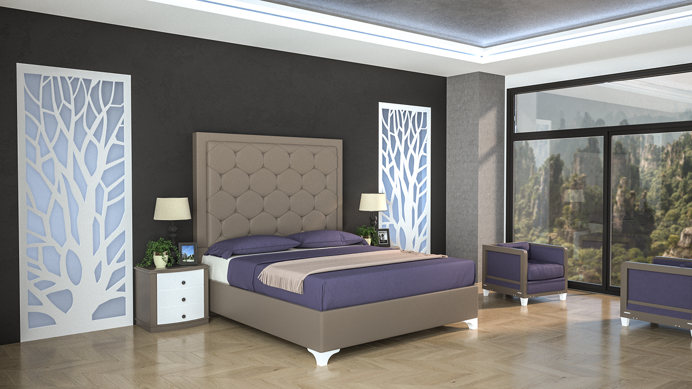 modern bedroom 3ds max CGI photoshop Octane Render Otay tree carving