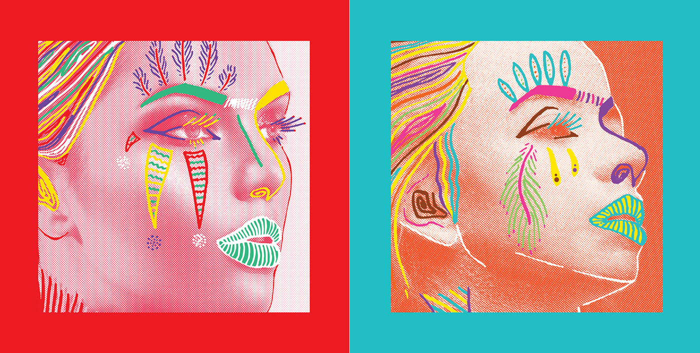 Application des esquisses de visages féminins mises en couleurs sur photos tramées