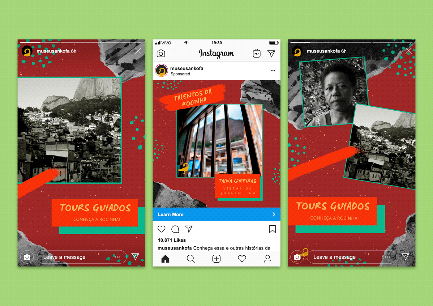 Três exemplos de posts do Instagram: dois stories nas laterais e um post de feed ao centro.