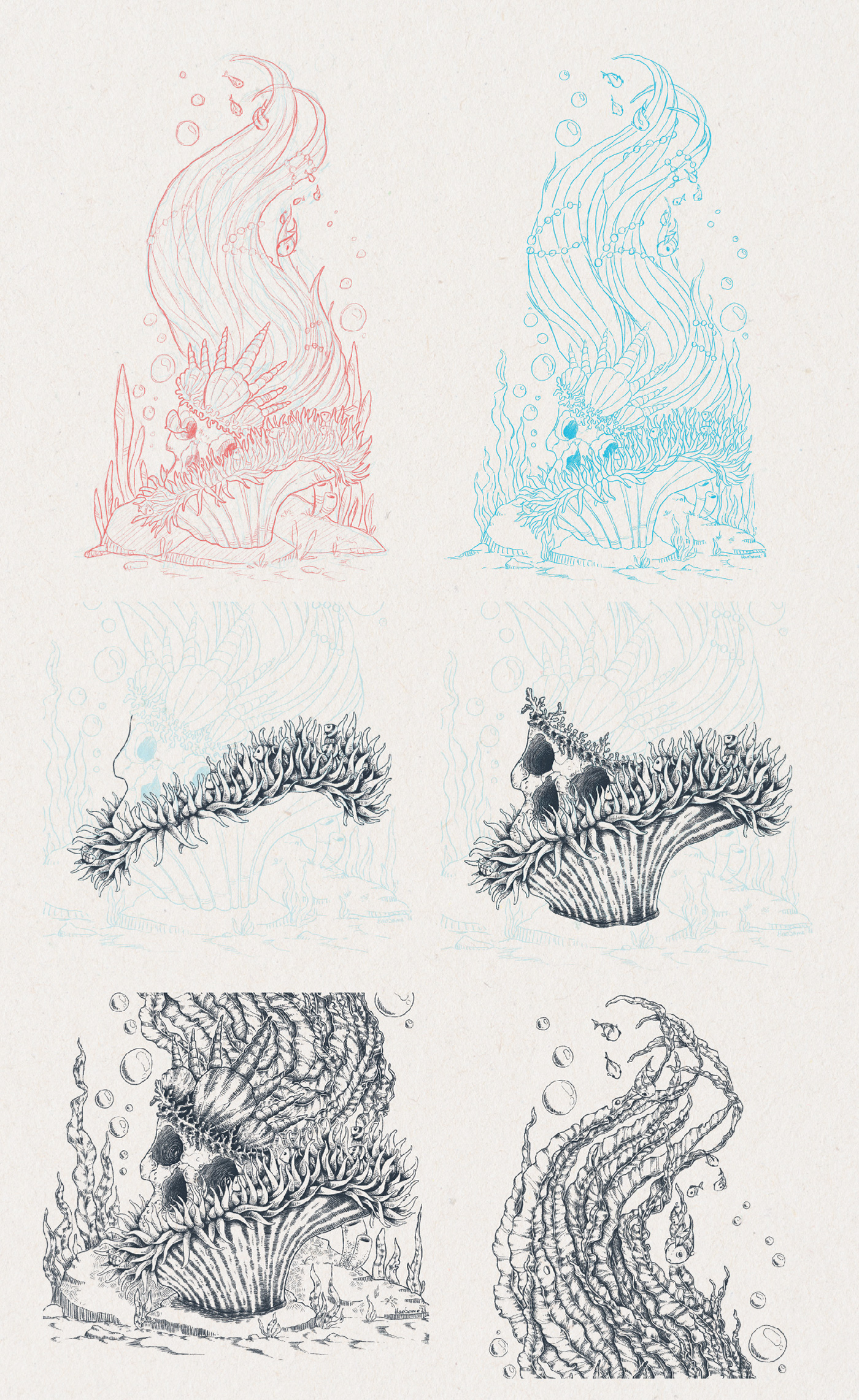 graphics hatching line art mermaid Ocean Procreate sketch skull tattoo underwater