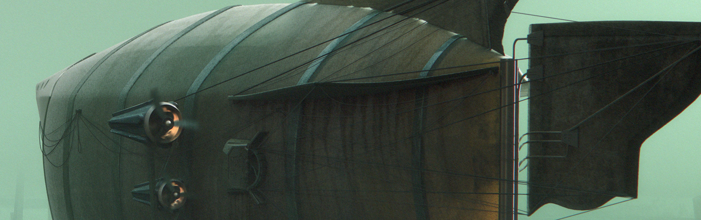 Matte Painting airship panorama Aircraft green stempunk Digital Art  CGI 3D