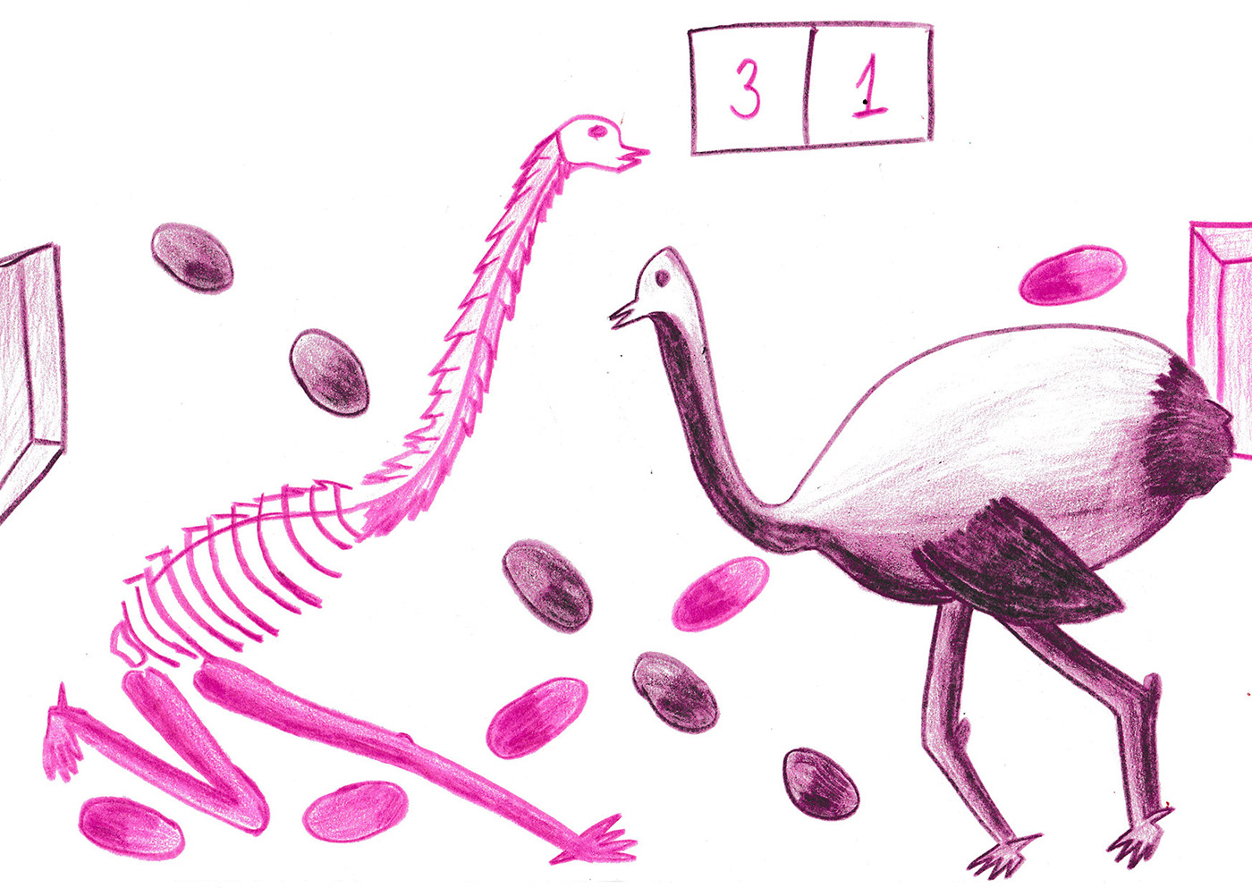 животные скетчи зарисовка зоологический цветной карандаш страусы птицы динозавр люди