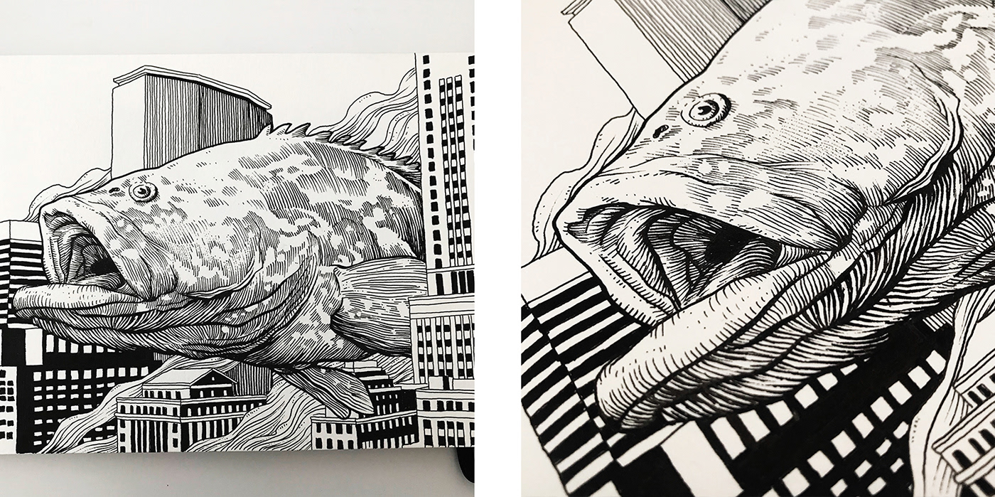 brush ink buildings poster fish skull brush and ink traditional illustration Space  sketchbook
