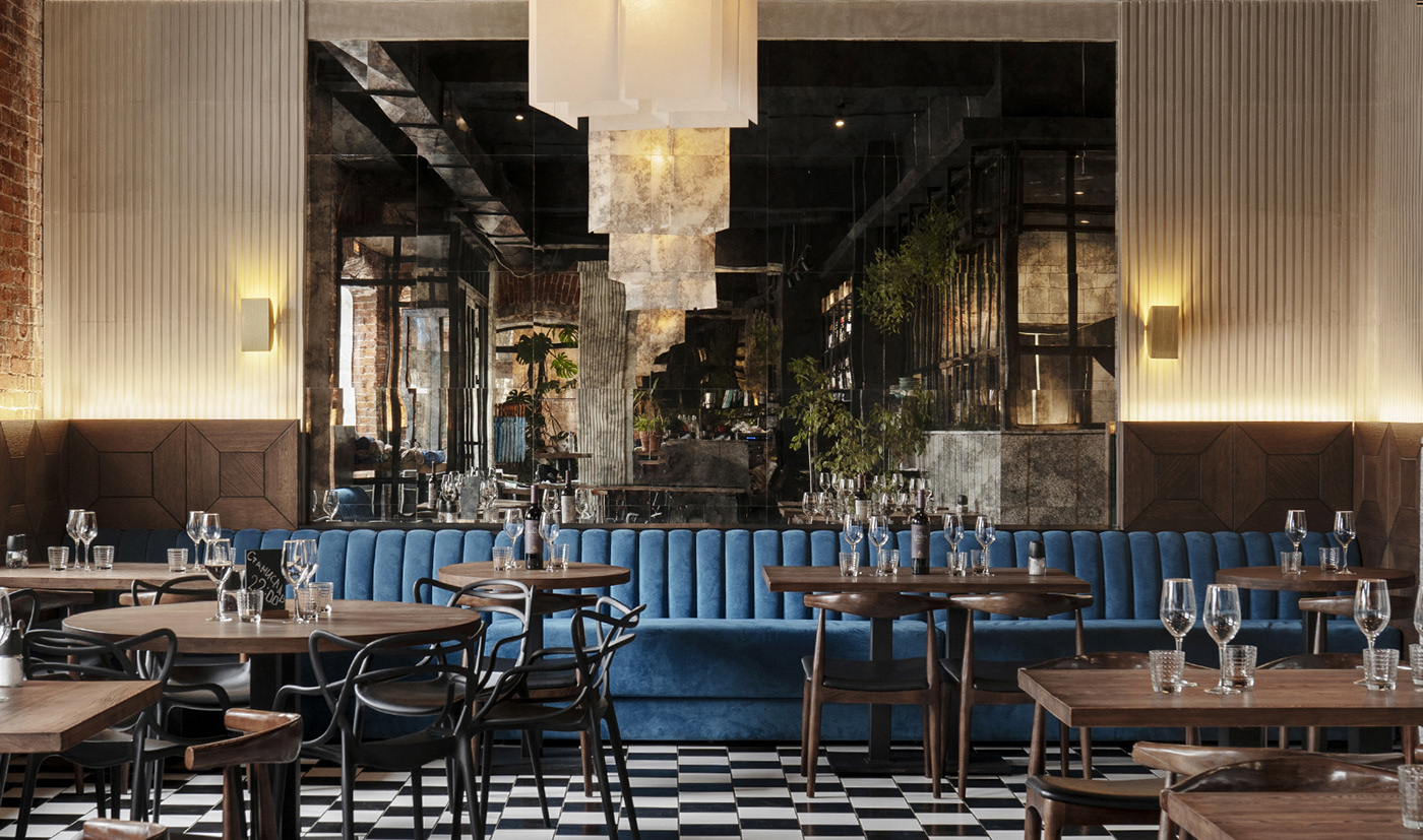 interior design  Interior LOFT blue sofa restaurant bar cafe Food  brick